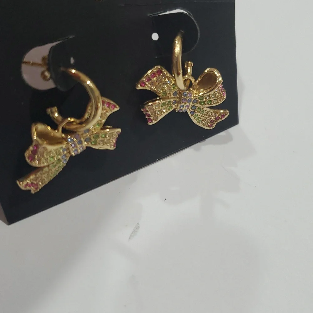 Coach‎ bright multicolored pave crystal gemstones adorned bow post earrings new - Picture 7 of 10